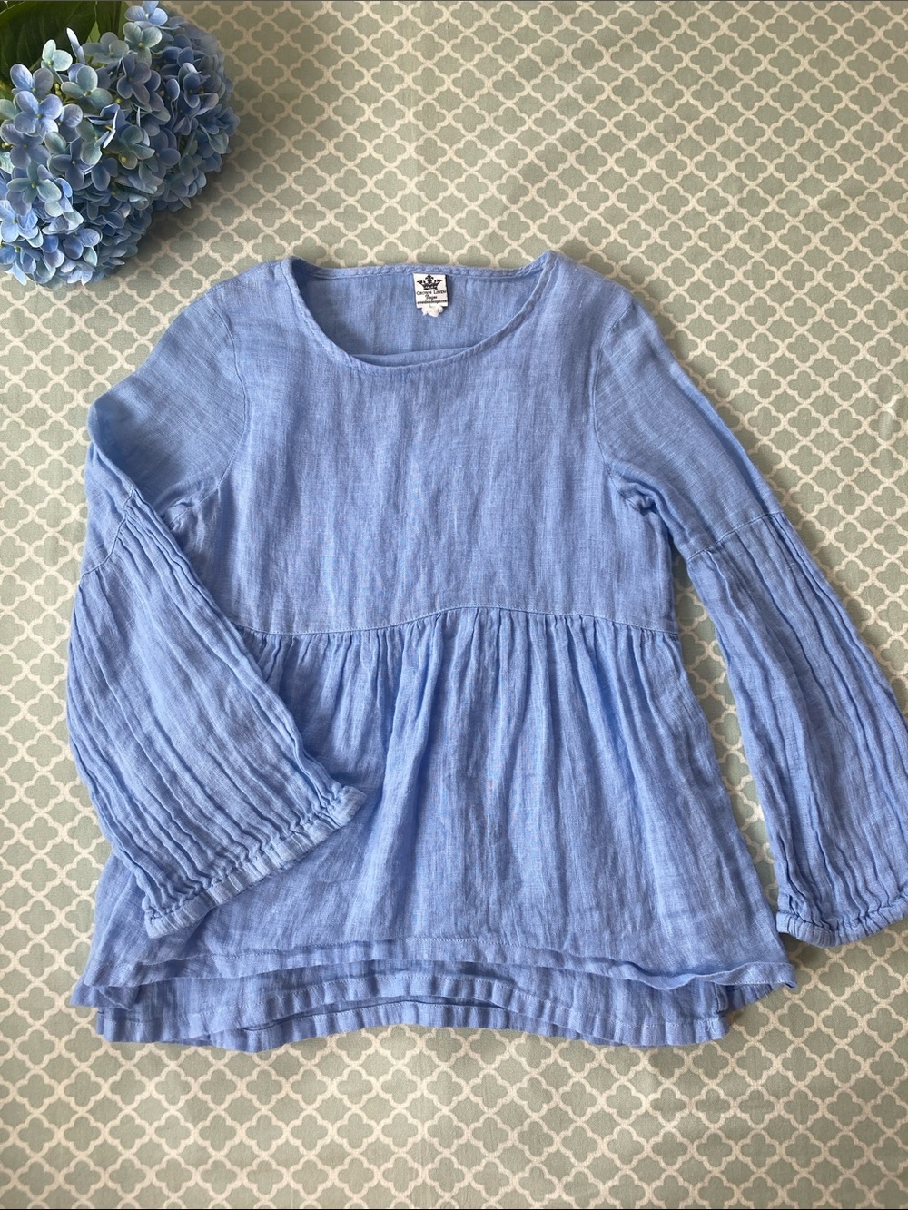 Crown Linen Designs Bell Sleeve Blue European Linen Blouse XS/S?